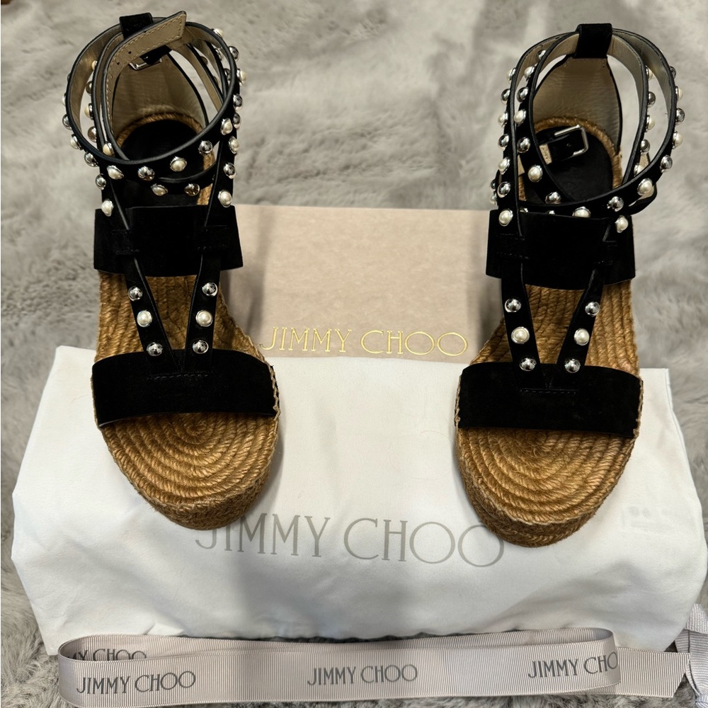 Brand New Jimmy Choo Danica size 38, black/white pearl wedge